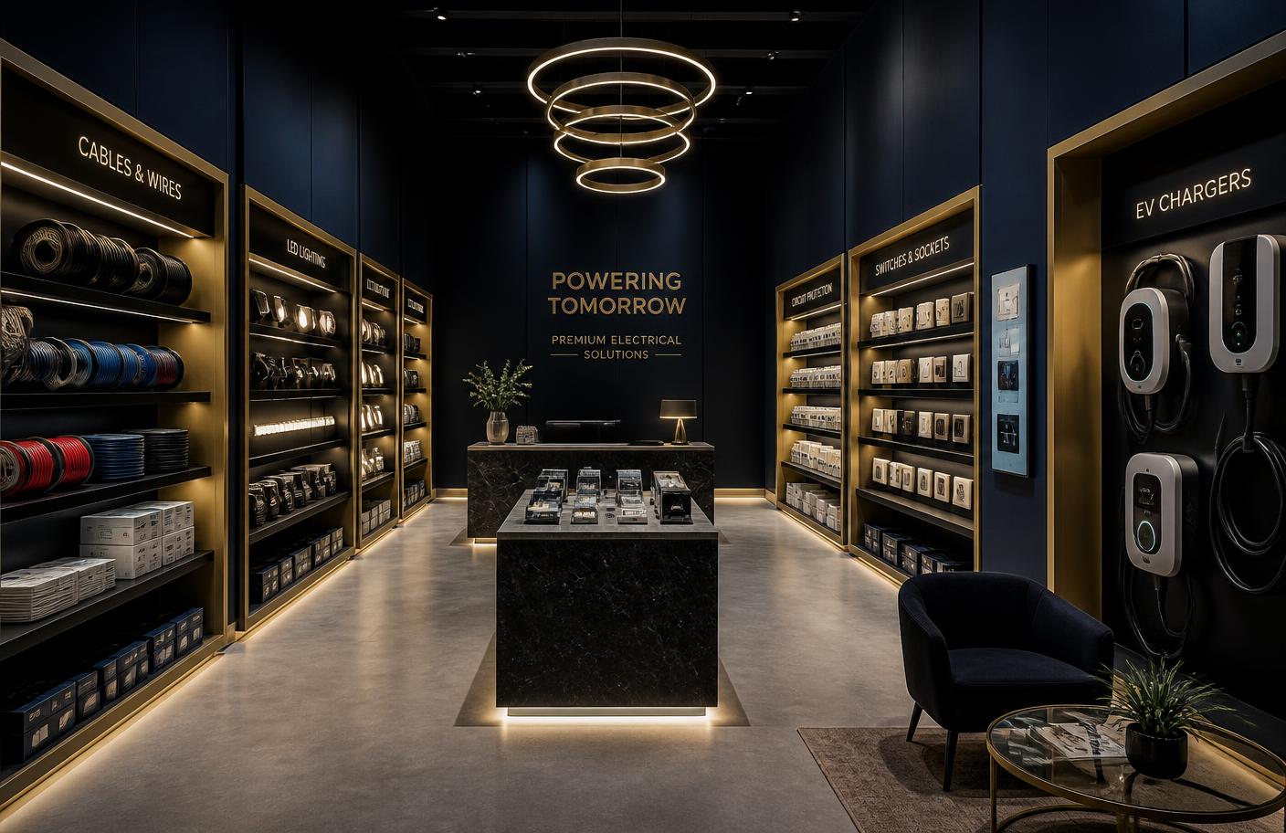 Showroom Factor Diferencial com material elétrico organizado em prateleiras iluminadas a dourado